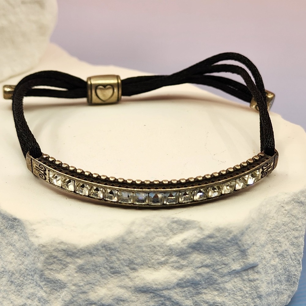 Brighton Crystal Bar Black Cord Adjustable Bracelet Silver Tone Heart Boho Gift